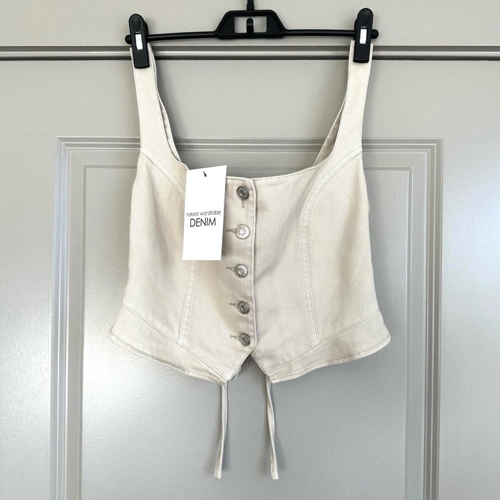 Naked Wardrobe Denim Lace Up Corset In Cream Tan